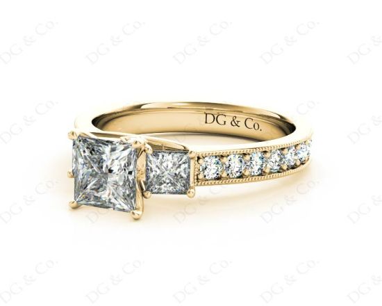 Princess Cut Trilogy Ring with Milgrain set shoulder diamond in 18K Yellow