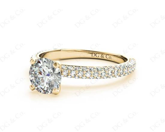 Round Cut claw set diamond ring with micro pave set side stone in 18K Yellow