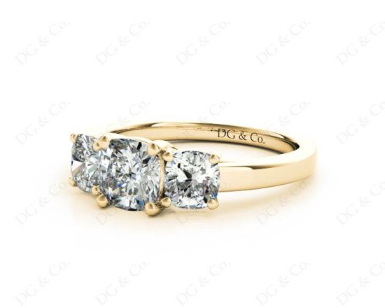 Cushion Cut Four Caw Trilogy Diamond Engagement Ring In 18K Yellow