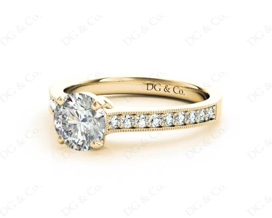 Round Cut Four Claw Set Milgrain Diamond Engagement Ring With Pavé Side Stones in 18k Yellow