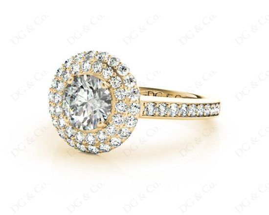 Round Cut Double Halo Diamond Engagement ring with claw set centre stone in 18K Yellow