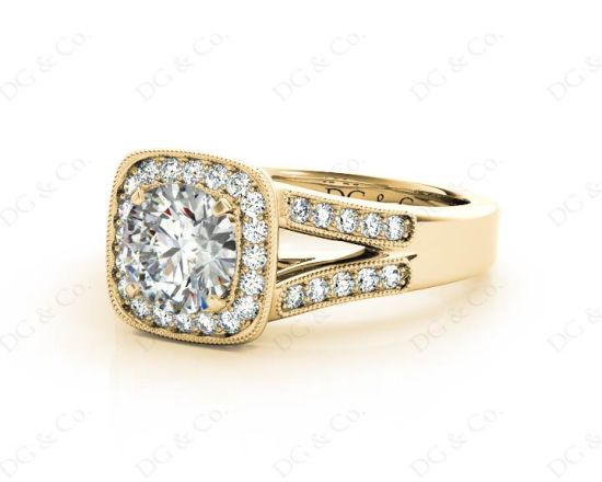 Vintage Style Round Cut Split Shank Milgrain Halo Set Engagement Ring with Channel Set Side Stones in 18K Yellow