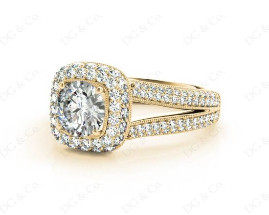 Round Cut Split Shank Milgrain Halo Engagement Ring with Micro Pave Set Diamonds on the Halo and sidestones in 18K Yellow