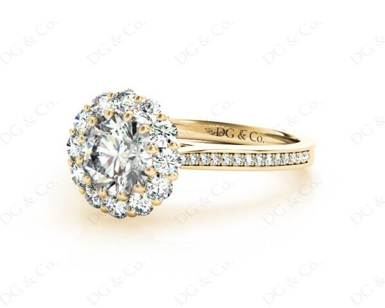 Round Cut Flower Halo Diamond Ring with a Claw Set Halo and Pave Set Side Stones in 18K Yellow