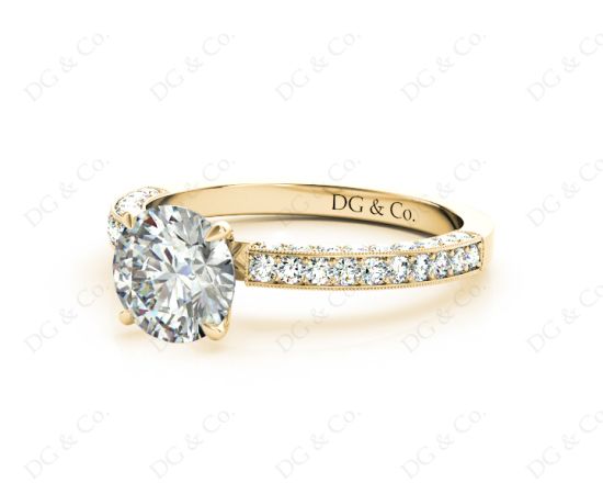Round Cut Four Claws Side Stone Engagement Ring with Milgrain Set Side Stones in 18K Yellow
