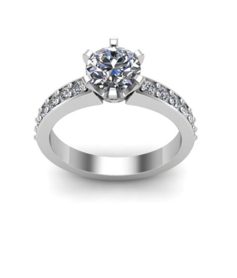 1.00CT Round Cut Diamond Engagement Ring 6 Claw Setting Share Prong Side Stones In 18K White Gold