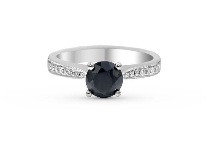 Black Diamond Solitaire Ring with Milgrain Tapered Band In 18 Karat White Gold