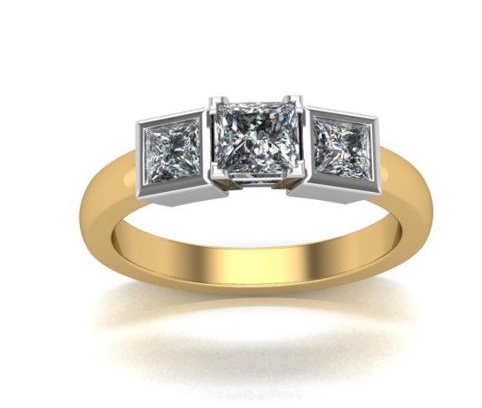  Princess Cut Trilogy 3 stone 4 Claw Set Centre Stone Bezel Set Side Stones In 18K Yellow And White Gold 