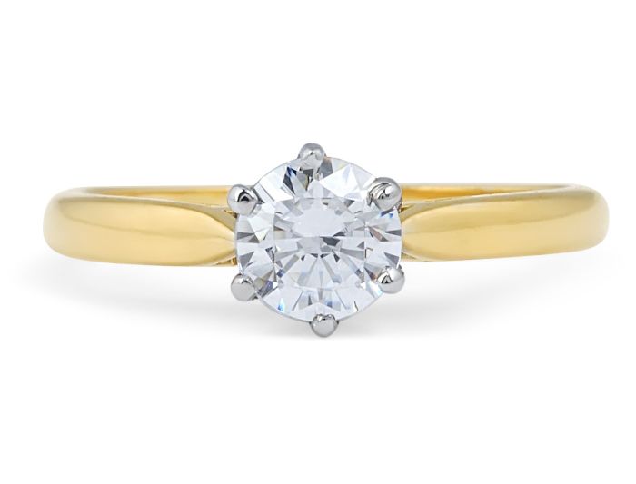 Solitaire Diamond Engagement Ring 6 Claw Tapered Plain Band  In 18K Yellow And White Gold 