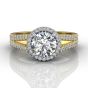 Round Cut Split Band Halo Diamond Engagement Ring With Four Claw Setting Centre Stone-18K Yellow