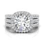 Round Cut Halo Diamond Engagement Ring With Four Claw Setting Centre Stone Triple-split Shoulders Pave Setting on the band.-Platinum