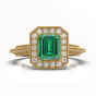 Emerald Diamond Halo Ring Emerald Cut 4 Claw Setting Miligrain Pave Side Stone Setting in 18K Yellow Gold