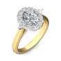 Two Tone Halo Three stone Oval and Pear Diamond Engagement Ring With Plain Band In 18K White And Yellow Gold 