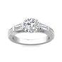 Vintage Style Round Cut Trilogy 3 Stone Diamond Engagement Ring In a Tapered Baguette Side stone Milgrain Share Prong Setting -Platinum