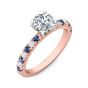 Round Cut 4 Claw Setting Diamond Sapphire Engagement Ring Pave Setting Side Stones -18K Rose