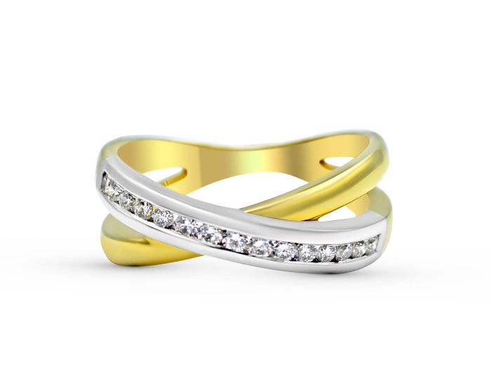 Cross Over Channel Set Round Diamond Ring In 18K White and Yellow Gold