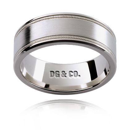 Brushed Inlay Milgrain Gents Wedding Ring in 18K White